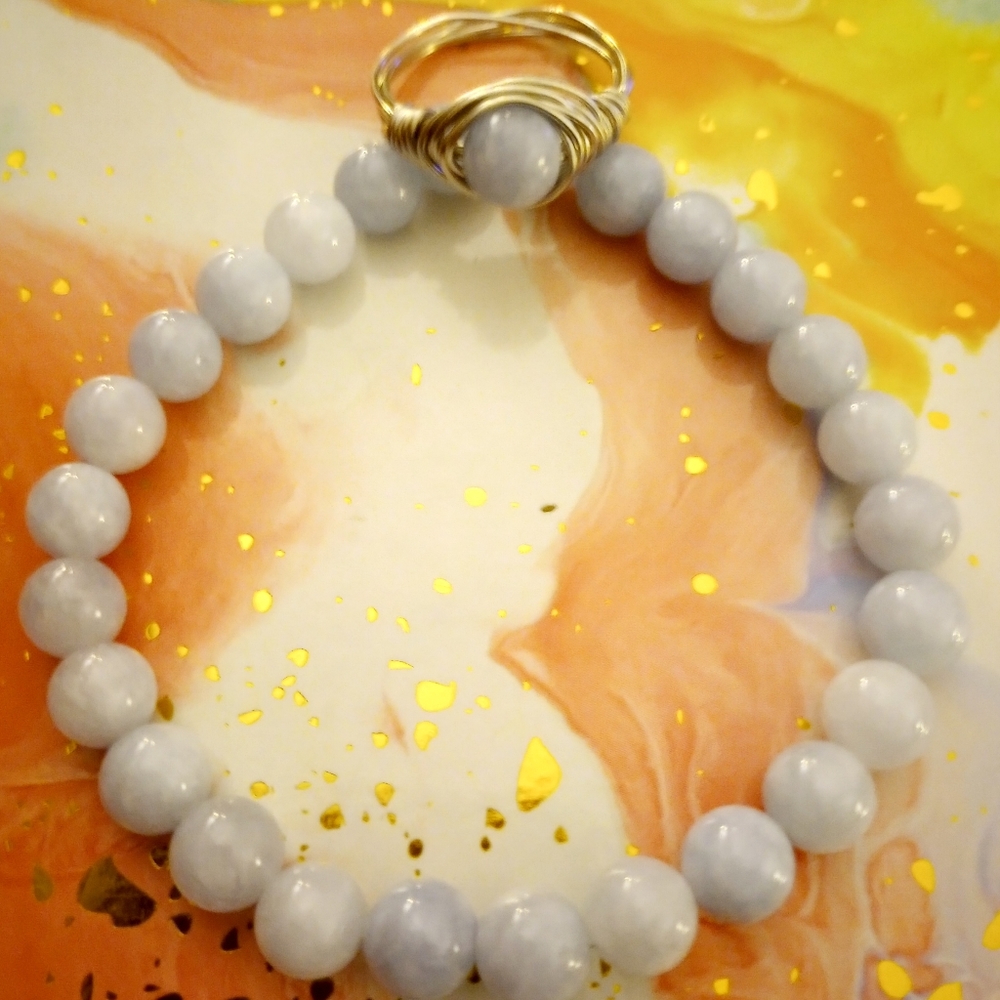 Aquamarine bracelet with matching wire wrapped ring